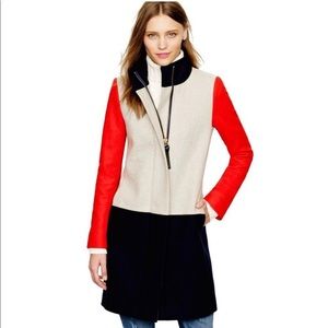 J Crew Factory high collar color block coat in tan, navy, and red. Size 2